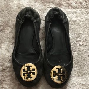 Black and Gold Tory Burch Ballet Flats